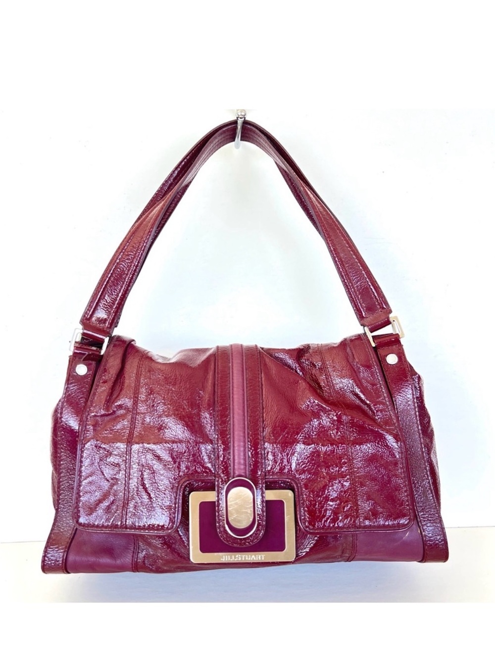 JILL STUART Burgundy Patent Leather Silver Hardware Spacious Shoulder Bag Tote